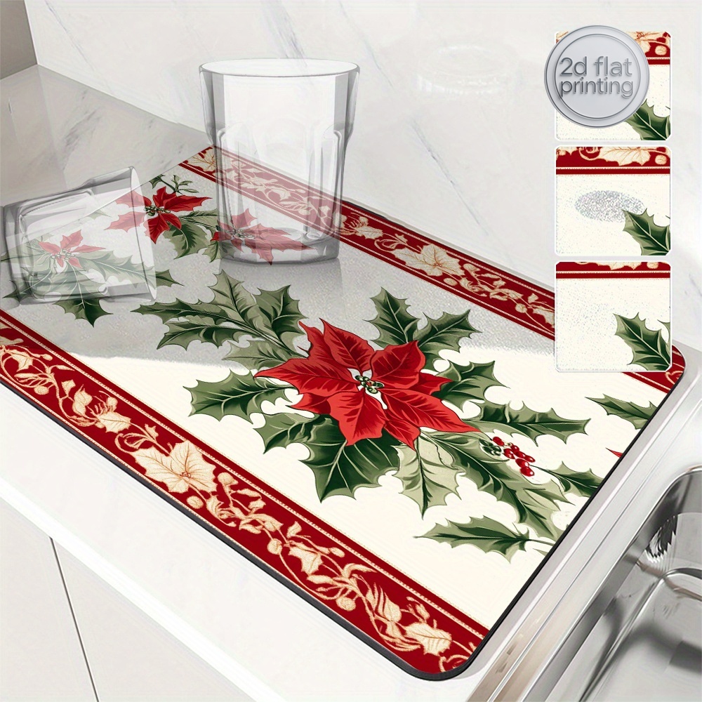 Tea Coffee Utensils - 1pc Christmas Poinsettia Holly Absorbent Mat,